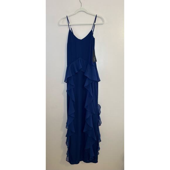 NWT Parker NYC Womens Navy Blue Ruffle Sleeveless Spaghetti Strap Evening Gown 4 - Picture 1 of 9